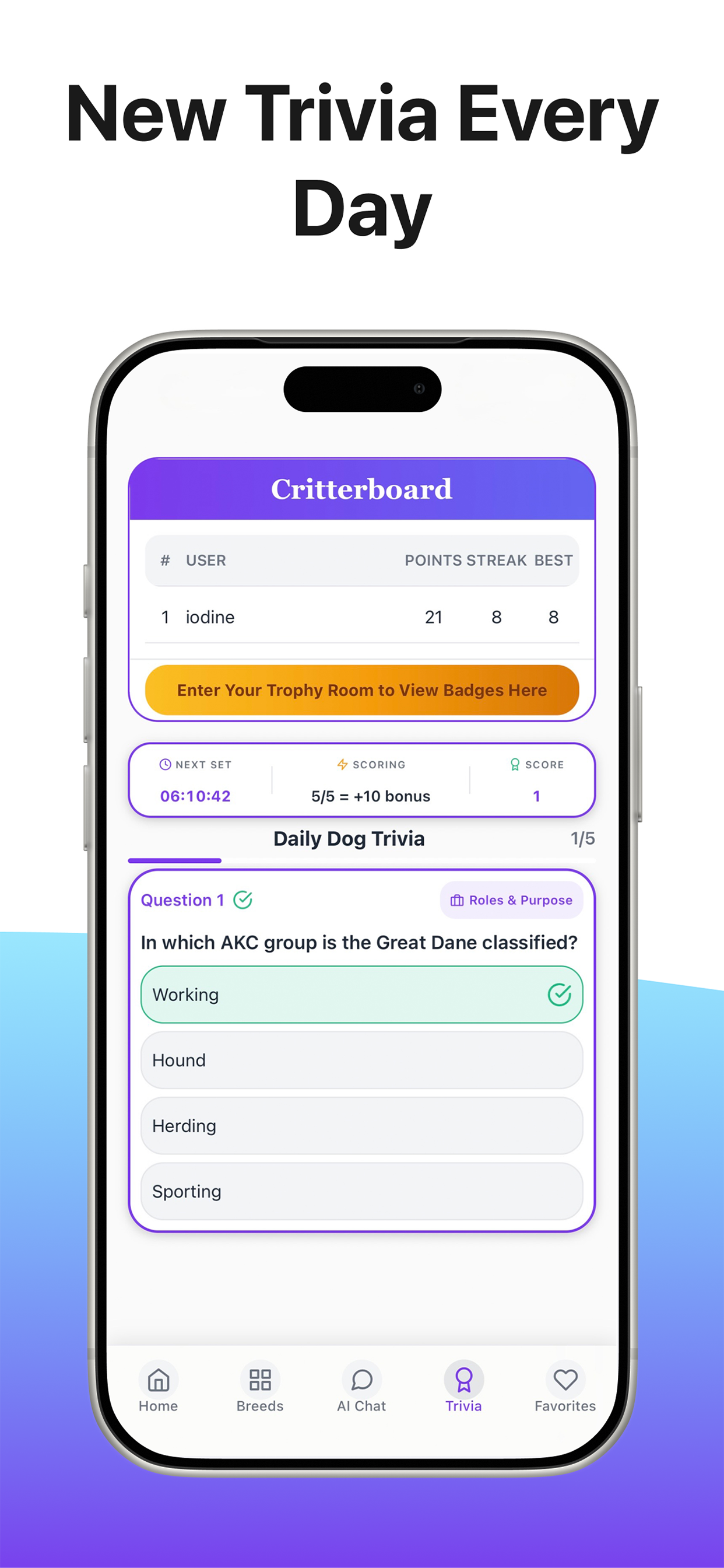 Daily dog breed trivia game with leaderboard